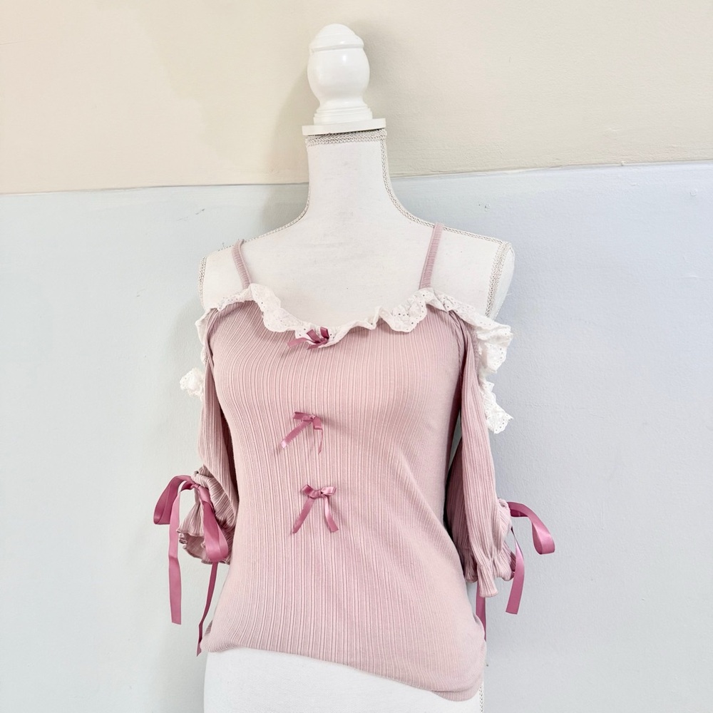 Ank Rouge Pink Ruffled Off-Shoulder Top with Bows